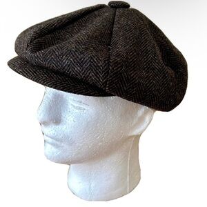 Classic Brown Wool Men’s Herringbone Newsboy Cap With Ear Flaps Sz S Made in USA